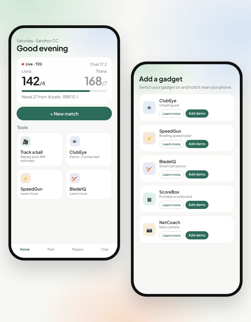 The CricketTech app: Home with a live match, New match and tool tiles, and the Add a gadget list with Learn more and demo buttons