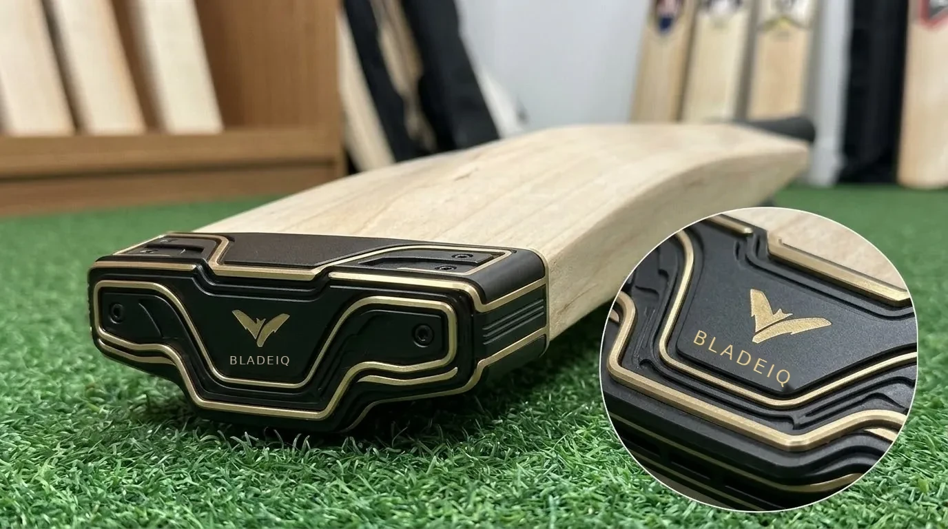 An early BladeIQ concept fitted to a cricket bat in the nets, with a close-up of the BladeIQ logo