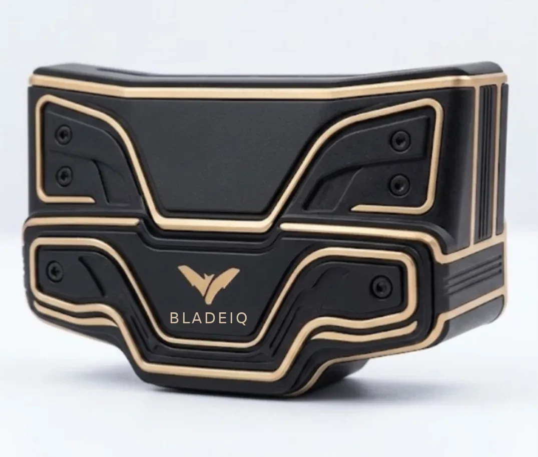 An early BladeIQ concept: a black sensor housing with gold trim and the BladeIQ logo