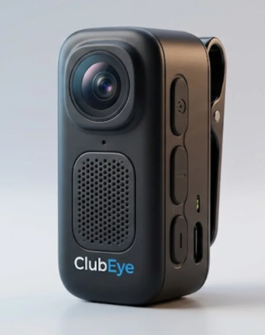 The ClubEye device: a small black camera with a shirt clip