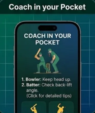 Phone screen showing NetCoach tips: bowler, keep your head up; batter, check your backlift angle