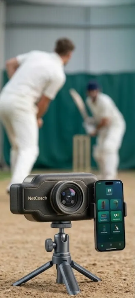NetCoach camera on a mini tripod in the nets, with a phone mounted beside it, as a bowler delivers to a batter