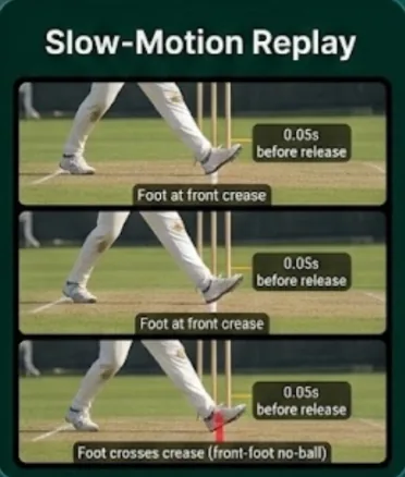 Three slow-motion frames of a bowler's front foot landing at the crease, the last one marked as a front-foot no-ball