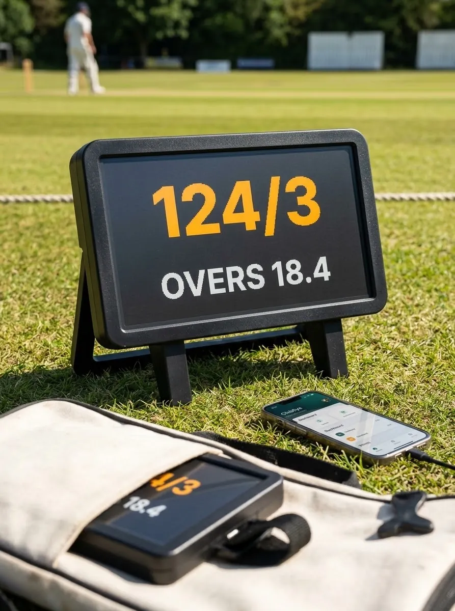 ScoreBox standing on the grass by the boundary rope showing 124/3 after 18.4 overs, with a phone running the app and a second ScoreBox in a kit bag