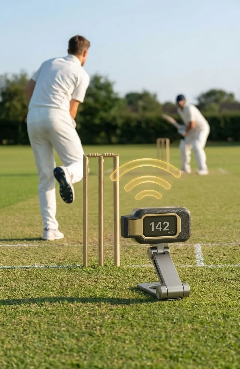 SpeedGun on its fold-out stand next to the stumps, showing 142 km/h as a bowler runs in